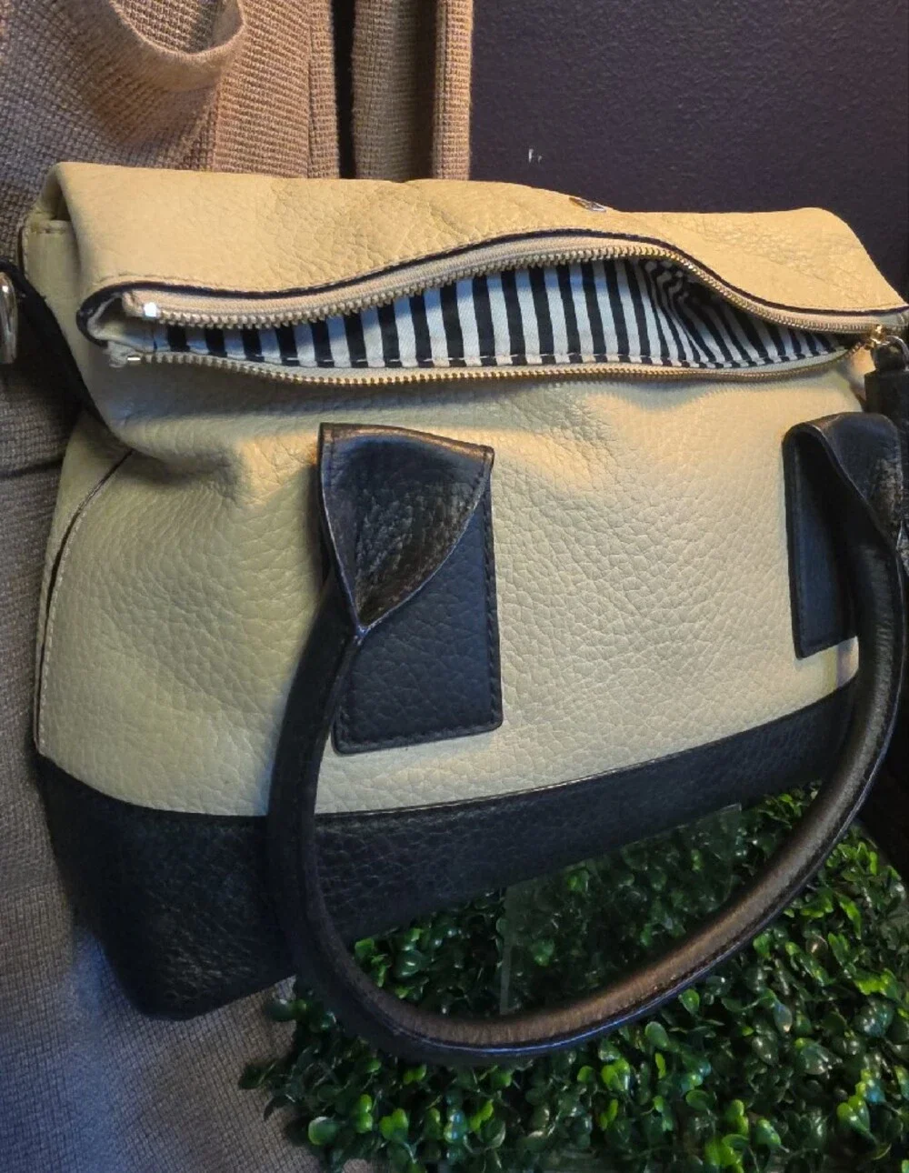 Buttermilk & Black Foldover Leather Southport Avenue Carmen Satchel- Kate Spade